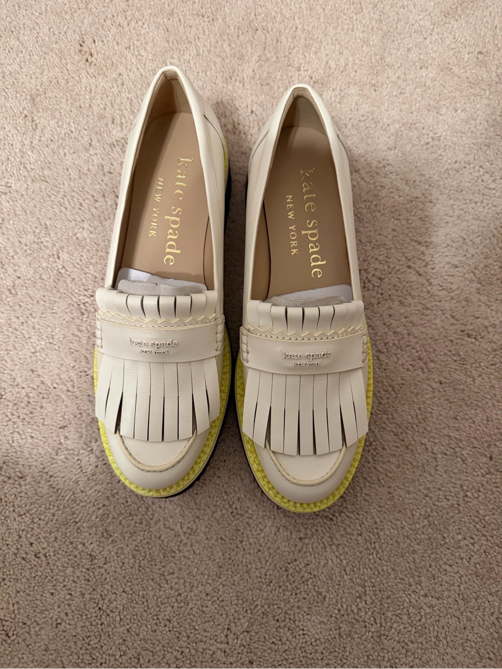 Kate Spade New York Leandra Lug Sole Kiltie Fringe Loafers Creamwith Yellow Trim